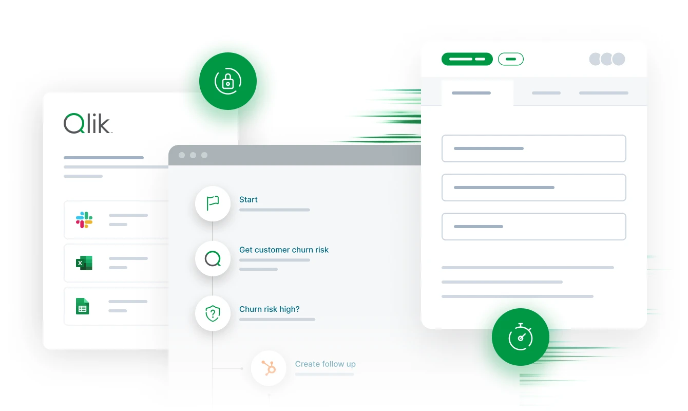 Illustration of Qlik software interface with various icons and options, including a lock symbol, task list, message boxes, and a stopwatch.