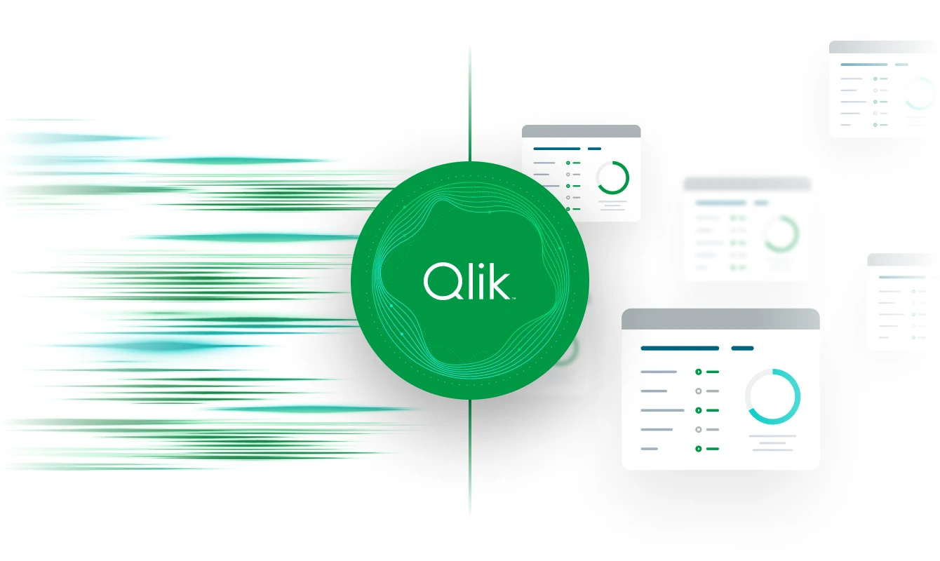 Illustration showing the Qlik logo in the center, with blurred green-blue lines on the left and screen interfaces displaying analytical data or graphs on the right, implicating data in and data out.