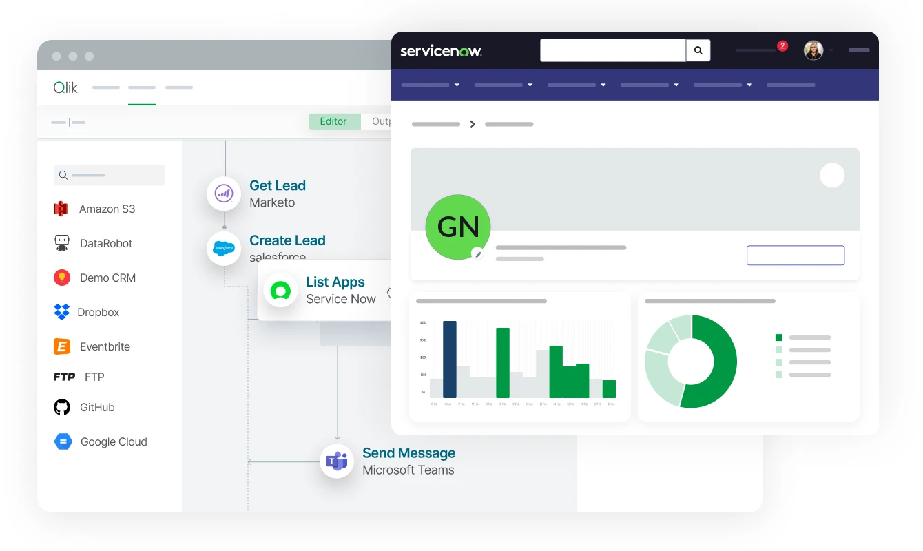 A software interface displaying a service management dashboard with analytics, charts, and various third-party application integrations like Amazon S3, DataRobot, and Google Cloud.