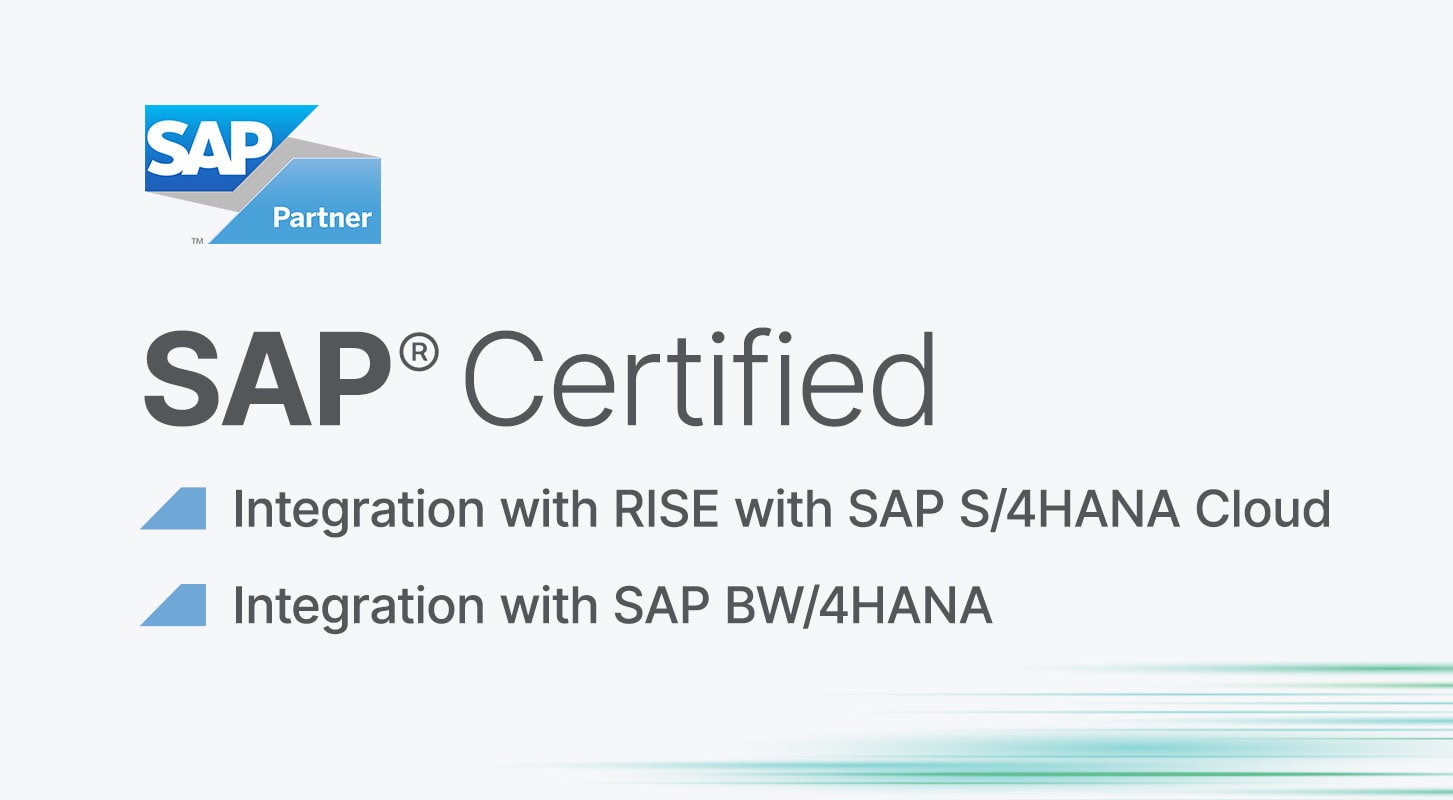 SAP Certified logo with text indicating integration with RISE with SAP S/4HANA Cloud and SAP BW/4HANA.