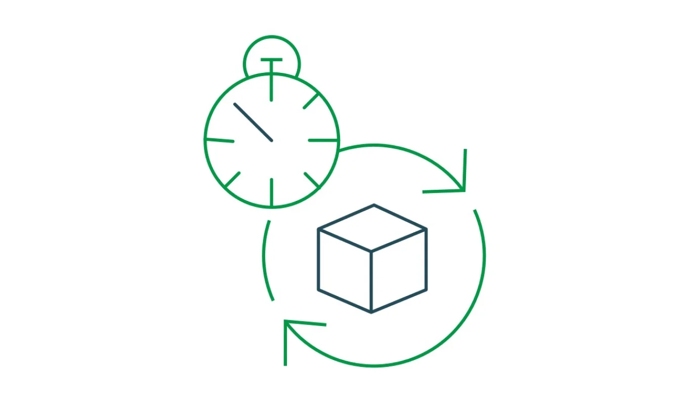 Illustration of a stopwatch icon shown above a cube that is encircled by two arrows forming a loop, representing a concept of continuous updates.