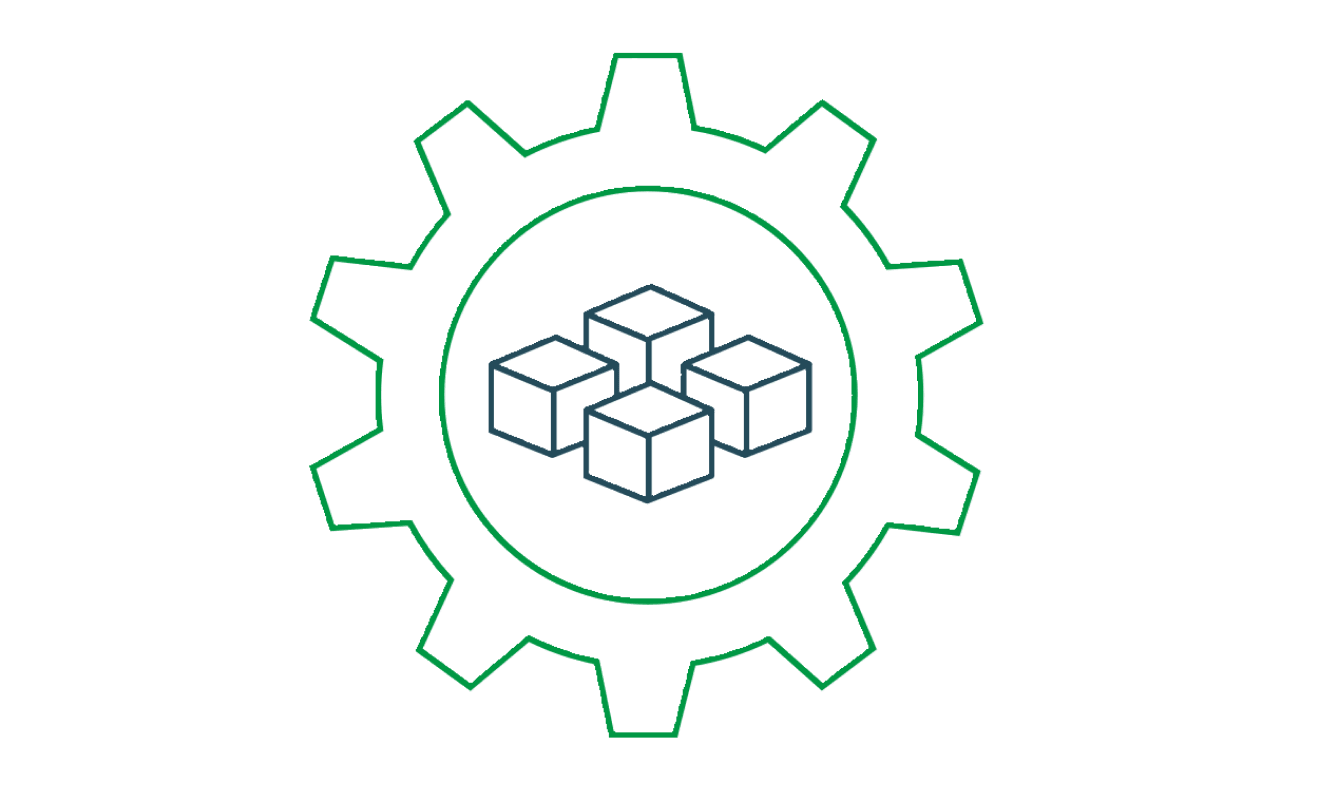 Illustration of five stacked cubes inside a gear, symbolizing technology processes.