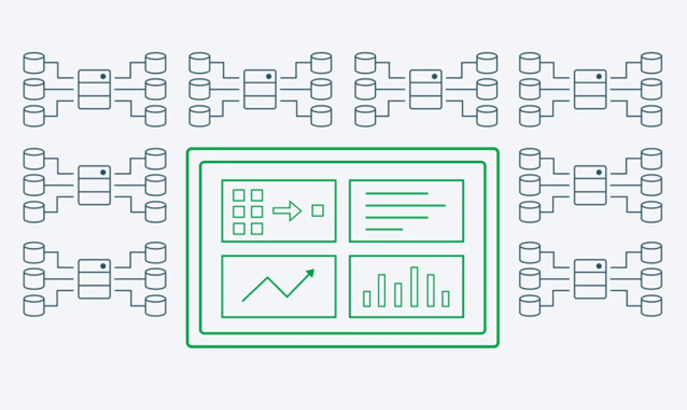 Diagram of interconnected nodes and databases surrounding a central dashboard displaying analytics and various data visualizations.