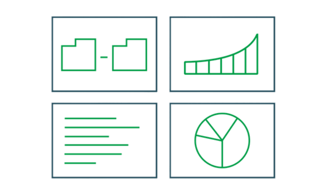 A grid of four green line art illustrations: two folders, a bar chart, horizontal lines representing text, and a pie chart.