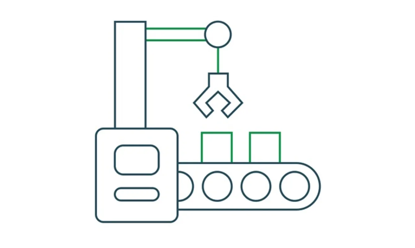 Illustration of a robotic arm placing boxes on a conveyor belt, depicting an automated process.