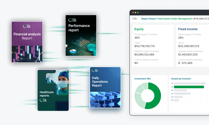 An illustration of Qlik Sense® dashboard showcasing diverse data types and interactive visualizations for report generation.