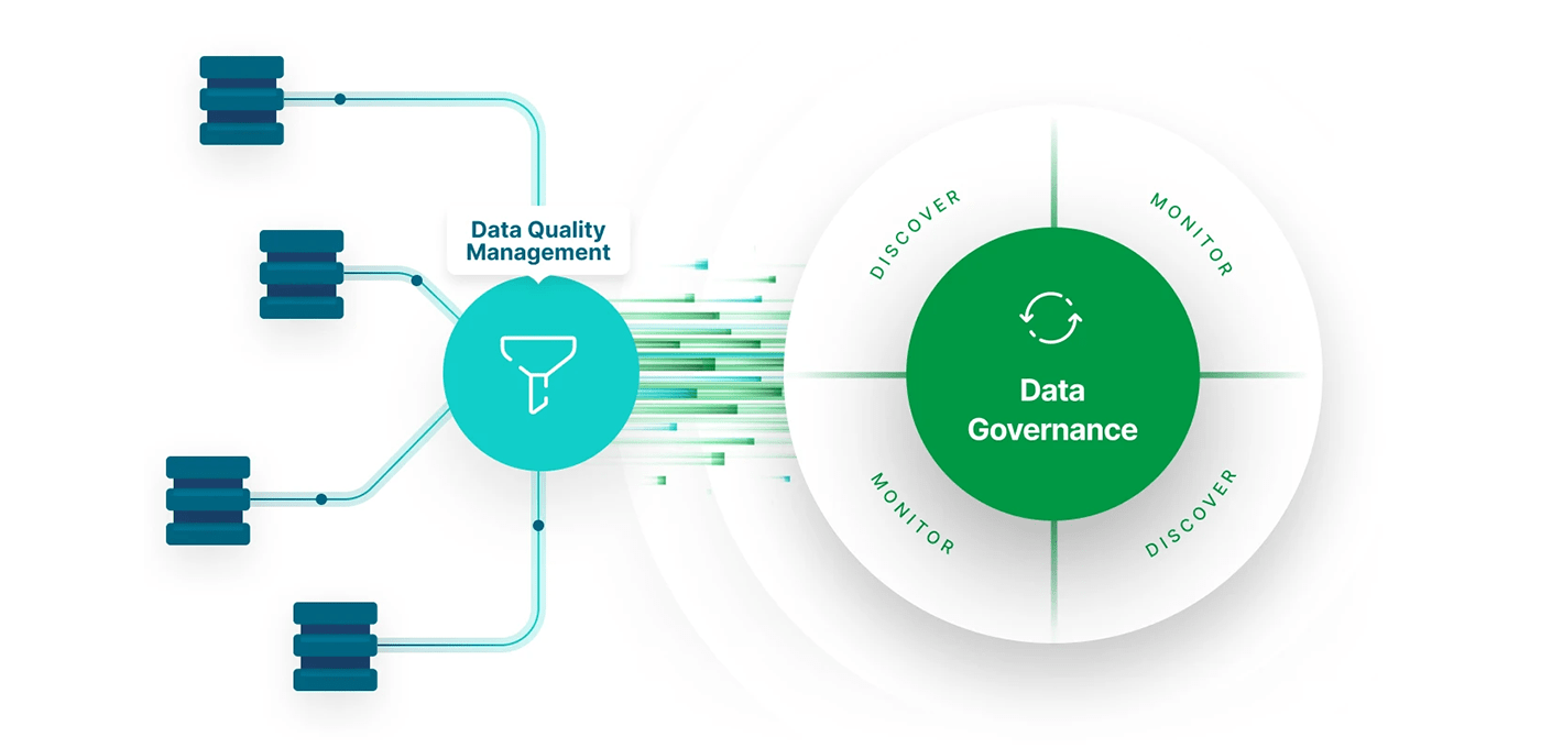 Infographic depicting the data governance model, highlighting critical aspects and connections for efficient data governance.