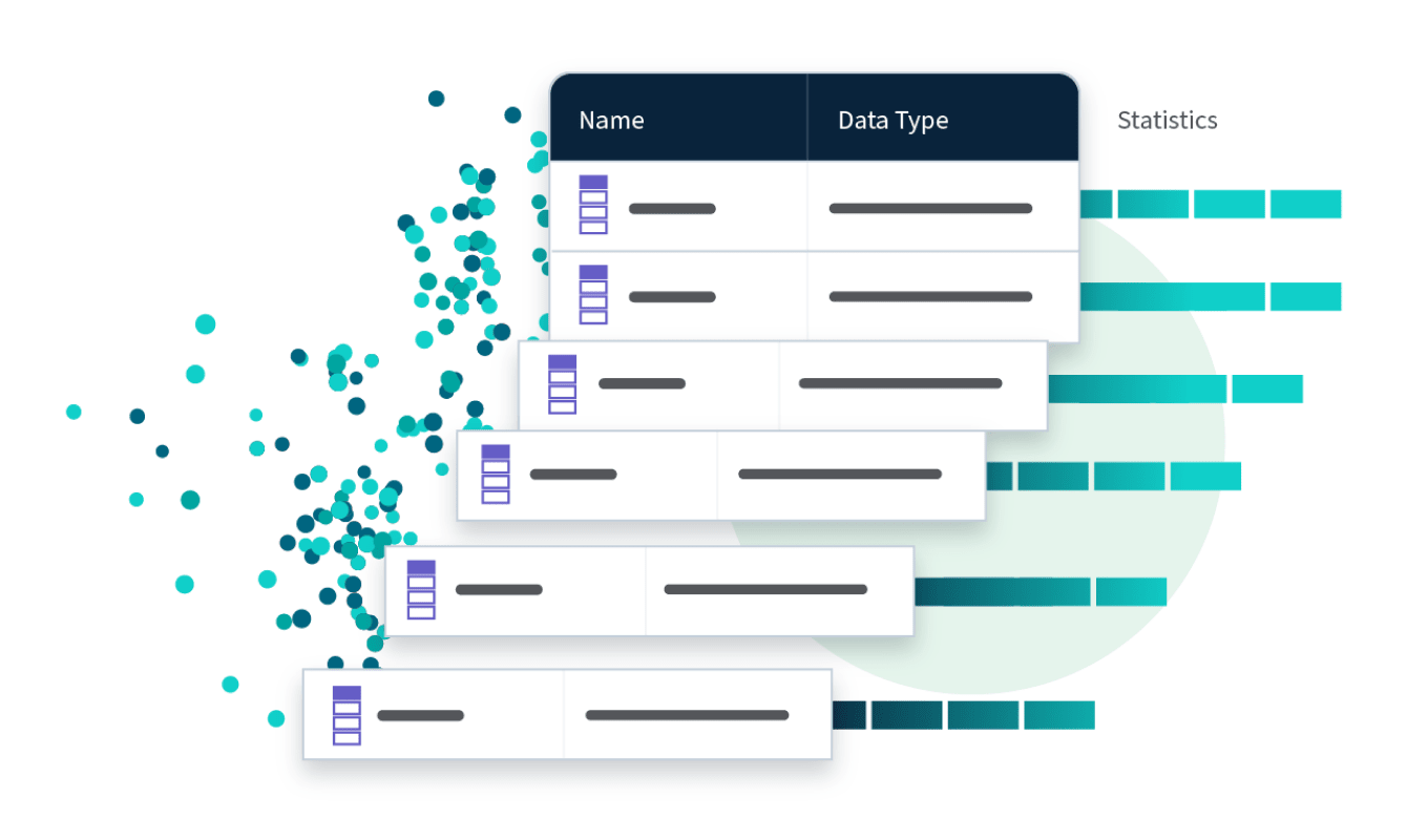 A graphic depicting data tables with columns labeled "Name" and "Data Type," alongside blue and green scatter plot points and bar charts labeled "Statistics".