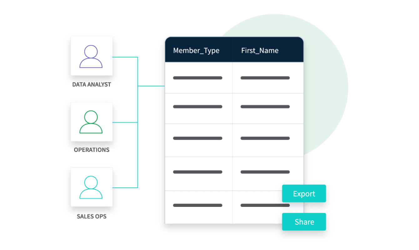 Diagram showing a table with columns "Member_Type" and "First_Name" and rows filled with data. Connected user icons on the left and export/share buttons on the right side of the table.