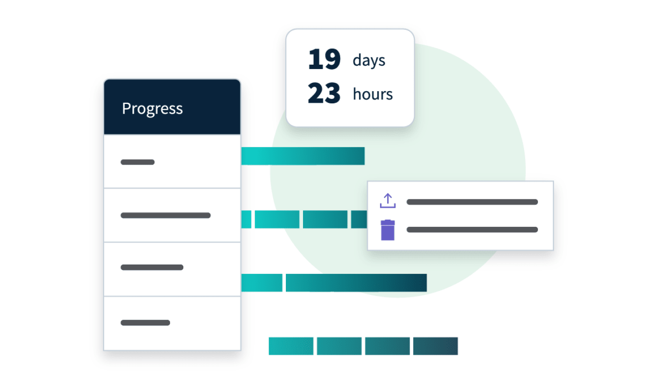 A progress tracker with bars in various stages of completion. A box at the top shows "19 days, 23 hours" remaining. An additional box contains an icon and text lines.