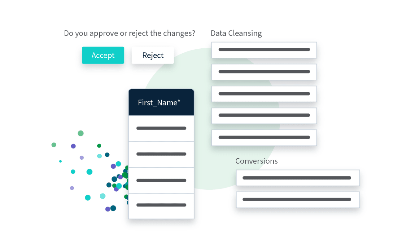 Software interface displays options to accept or reject changes. Sections for "First_Name," "Data Cleansing," and "Conversions" with associated fields are shown.