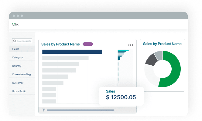 A dashboard displaying sales data by product name with bar and pie charts. The sales figure highlighted is $12,500.05. Various categories such as fields, country, and gross profit are listed on the left.