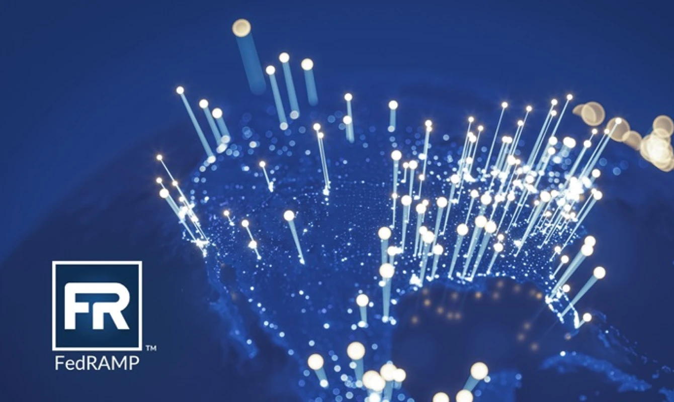 A digital network map of North America with glowing data points, accompanied by the FedRAMP logo in the bottom left corner.