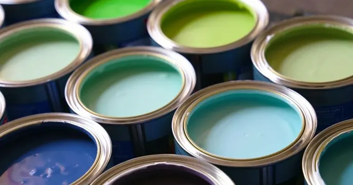 Open cans of paint in various shades of green, blue, and purple displayed in an organized manner.