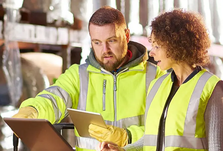 Two workers in high-visibility vests review information on a laptop and tablet in an industrial setting.