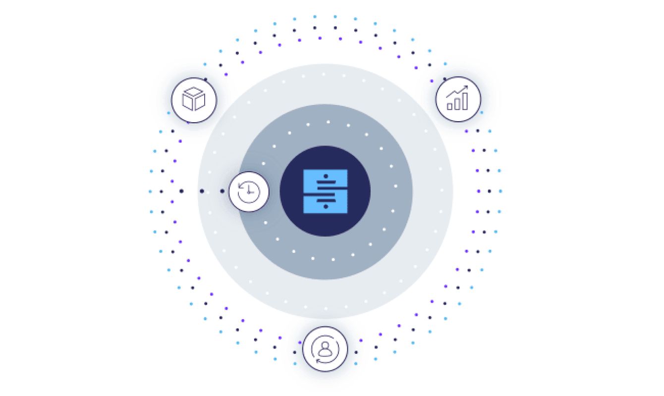 Circular diagram with icons representing data storage, real-time, user, and analytics interconnected around a central Stitch logomark.