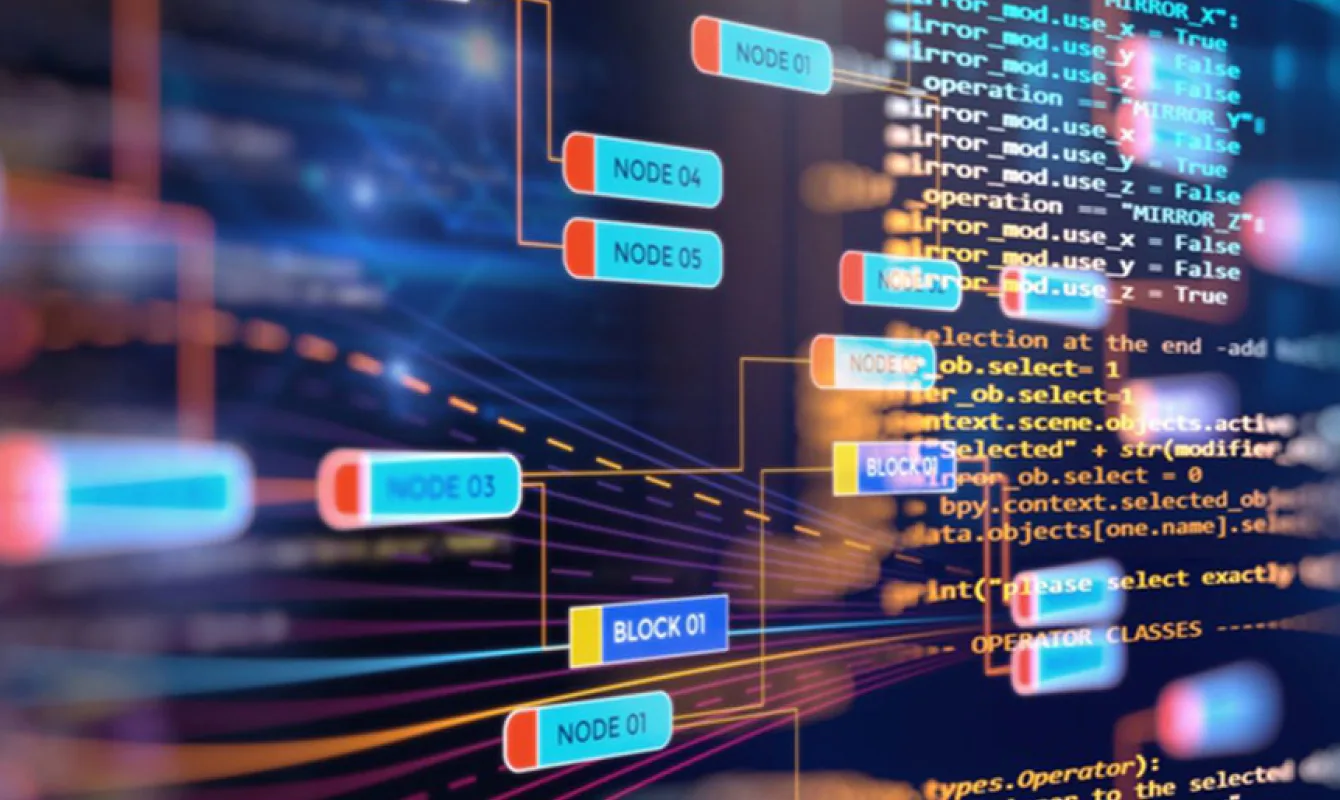 Digital representation of complex code and data nodes displayed on a computer screen. Nodes and lines connecting them are overlaid against a blurred background of multicolored code.