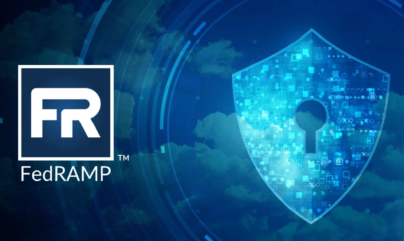 FedRAMP logo on the left and a glowing shield with digital elements and a keyhole on the right, set against a blue sky background with clouds and digital design elements.