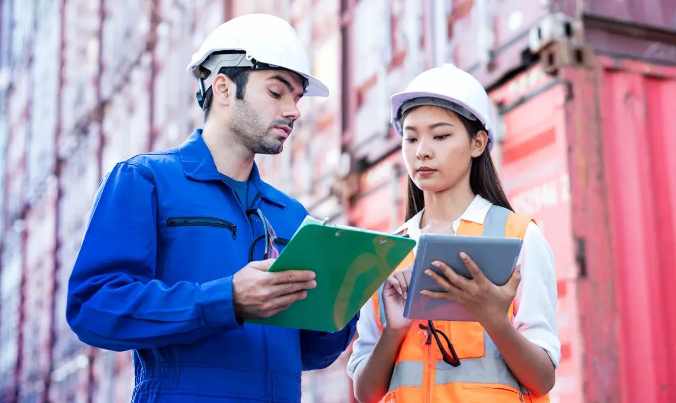 Two workers in safety helmets and vests discuss and review documents with a background of stacked shipping containers. One holds a clipboard, and the other holds a tablet.