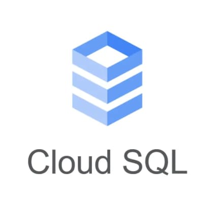 Logo for Cloud SQL featuring a blue, cube-like design with three horizontal sections above the text "Cloud SQL".